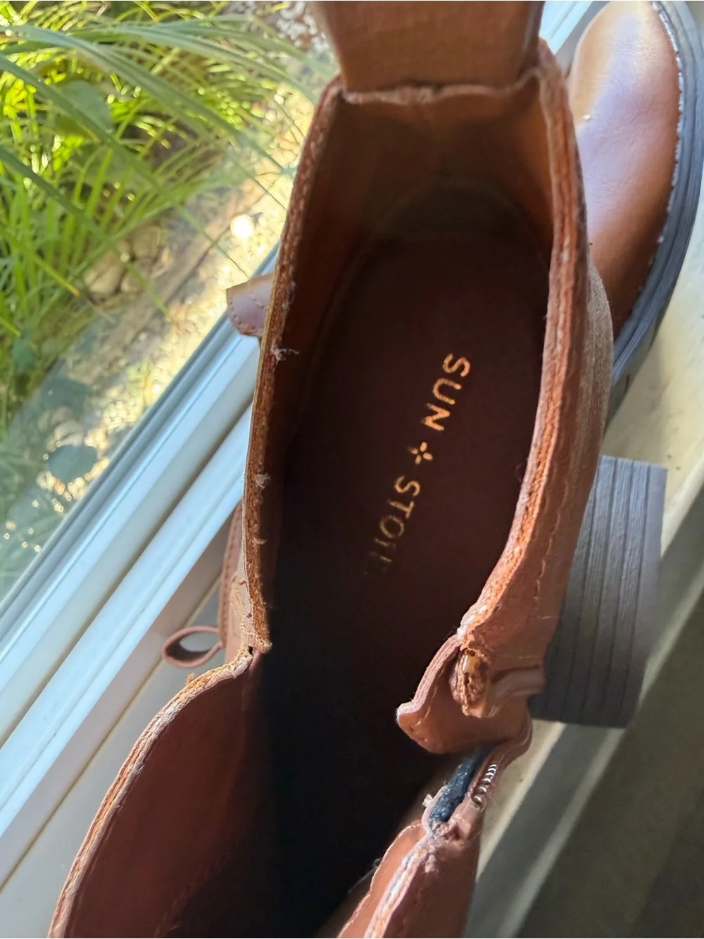 Sun + Stone Tan Leather-Look Ankle Booties with Side Zipper